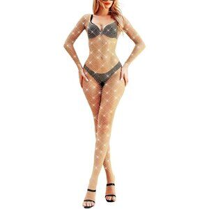 🆕Women Cream Classic Fishnet Body Stocking Lingerie Sparkle Stockings One Piece